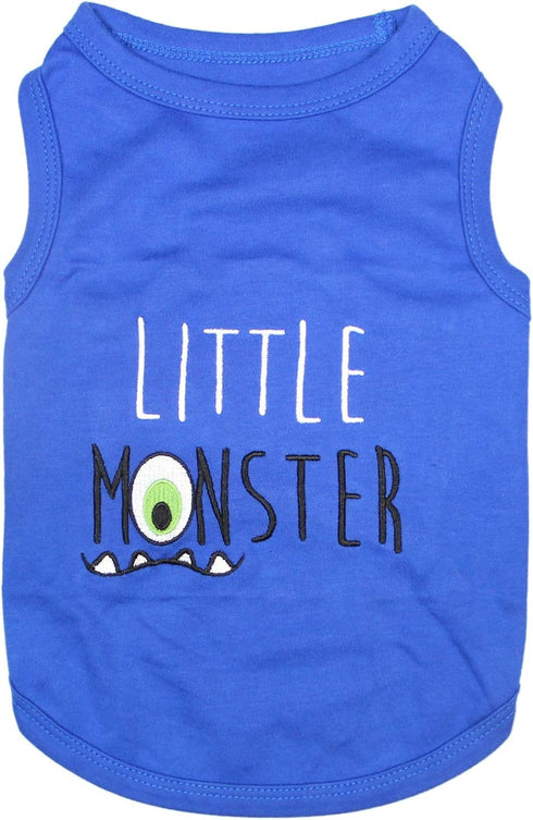Parisian Pet Dog Tshirt, Embroidered “Little Monster” Boy Dogs Apparel, Lightweight Cotton Sleeveless Tee for Large