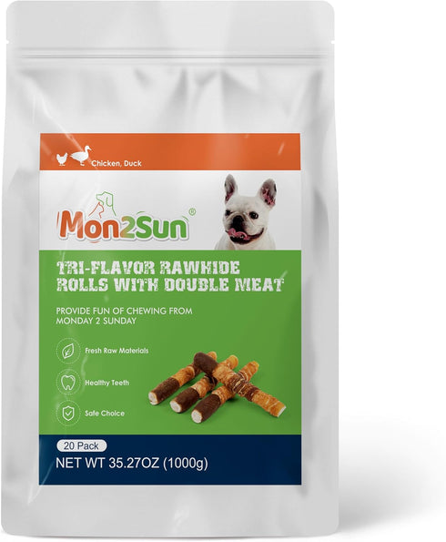 MON2SUN 6 Inch 35.27 oz (20 Count-Pack 1) Dog Treats, Triple Flavor Chicken Liver Duck and Chicken Wrapped Rawhide