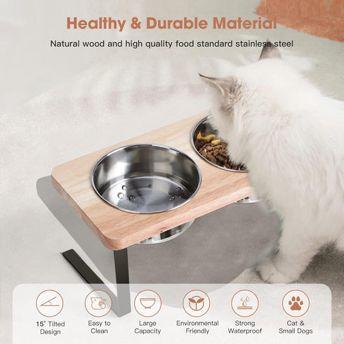 Elevated Cat Bowls, 15° Tilted Raised Wood Pet Bowls with Stand, Anti Vomiting 2 Stainless Steel Bowls for Cats