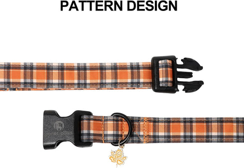 Lionet Paws Halloween Dog Collar- Cute Blank Orange Grid Fall Dog Collars with Plastic Buckle and Leaf Pendant, Light