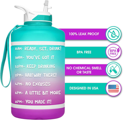 NatureWorks HydroMATE Half Gallon Water Bottle with Time Markers, BPA Free, Reusable Leak Proof Jug