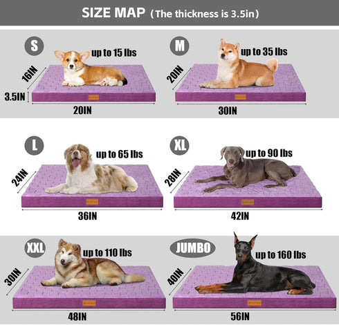 Patas Lague Checkered Orthopedic XXL Dog Bed for Extra Large Dogs, Waterproof with Removable Cover, Purple (48''X30'')