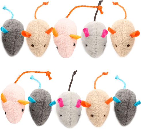 SunGrow Cat Catnip Mice Toys, Furry Plush, 2”, 10 Pcs per Pack, Interactive, Multicolor