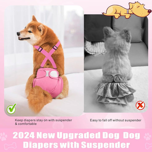 Idepet 3 Pack Female Dog Diapers with Suspender Detachable, Washable Reusable Girl Doggie Diapers for Small Medium