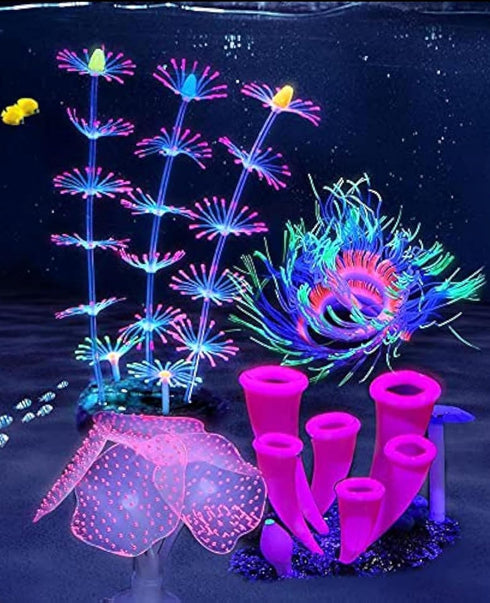 4 Pieces Aquarium Fish Tank Decorations with Glowing Effect, Silicone Glow Artificial Coral Reef Plants