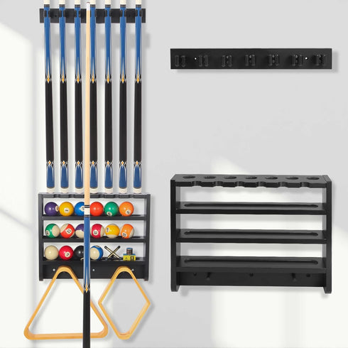 Pool Stick Holder - 7 Pool Cue Rack Wall Mount with Cue Rest and Ball Holder, Wooden Accessories for Game Room