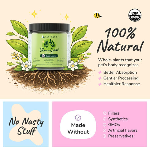 4oz kin+kind Skin and Coat Supplement for Dogs & Cats Natural Vitamin Supplements with Organic Ingredients for Shiny