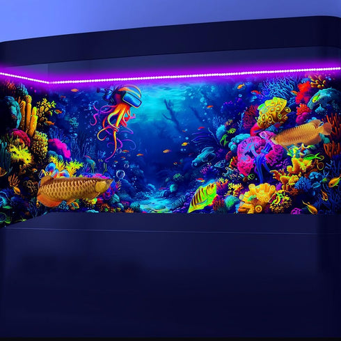 48X20IN Blacklight Ocean HD 3D Black Light Aquarium Background, UV Reactive Octopus Background with Tape