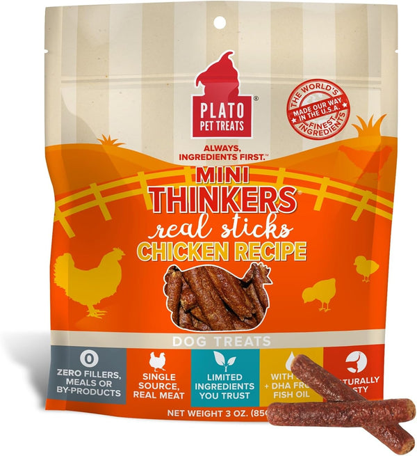 PLATO Mini Thinkers Sticks - Natural Dog Treats - Real Meat - Air Dried Chicken Flavor, Made in the USA, 3 ounces
