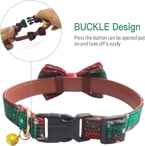 KUDES 2 Pack Christmas Snowflake Dog Collars, Breakaway with Bow Tie and Bells for Pets, Red & Green