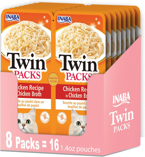 INABA Twin Packs for Cats, Shredded Chicken & Broth Gelée Side Dish Pouch, 1.4 Ounces, 16 Servings, Chicken