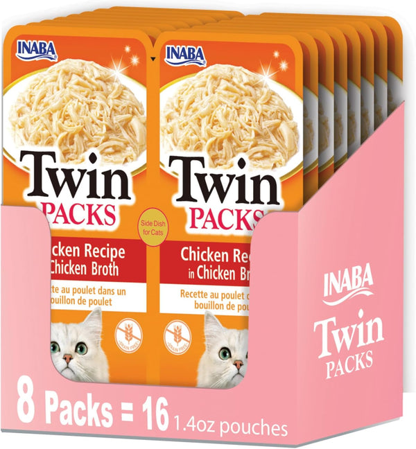 INABA Twin Packs for Cats, Shredded Chicken & Broth Gelée Side Dish Pouch, 1.4 Ounces, 16 Servings, Chicken