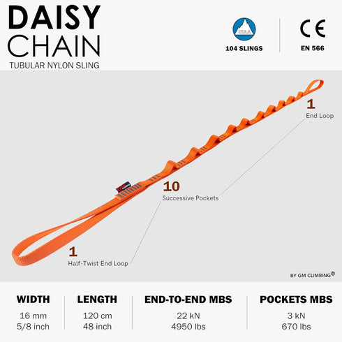 GM CLIMBING 16mm Nylon Daisy Chain Sling - 22kN, 120cm / 48in, CE UIAA Certified for Climbing and Rigging