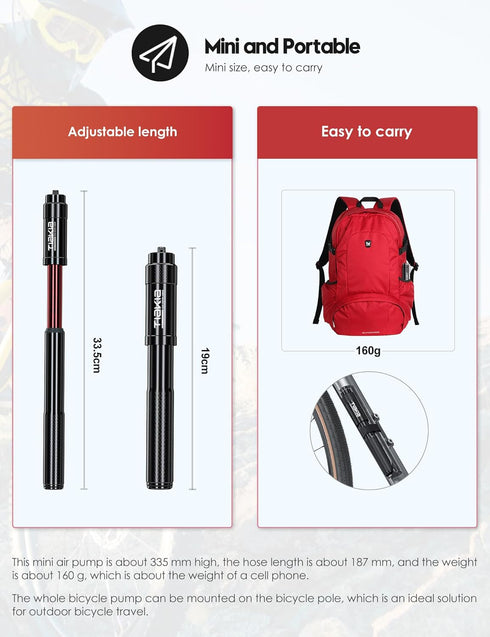 Tiakia Mini Bike Pump, Portable Compact Bicycle Pump, High Pressure Frame Pump 260PSI for Presta, Schrader & Woods