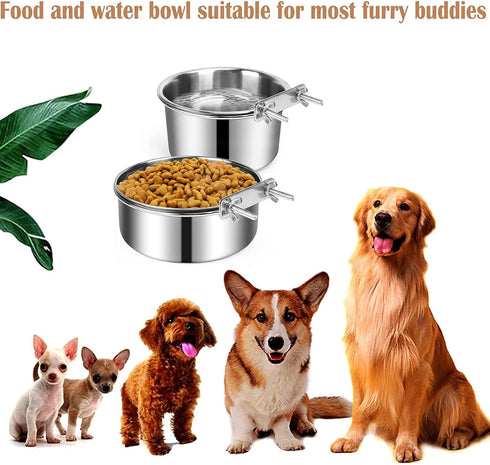 2 PCS Anti-Spill Stainless Steel Pet Bowls, Metal Feeder Food and Water Bowl, Hanging Pet Cage Crate Bowl for Medium