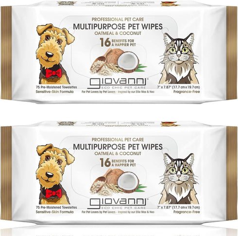 GIOVANNI Multipurpose Pet Wipes, Pack of 75 - Oatmeal & Coconut Helps Neutralize Odors (Pack of 2)