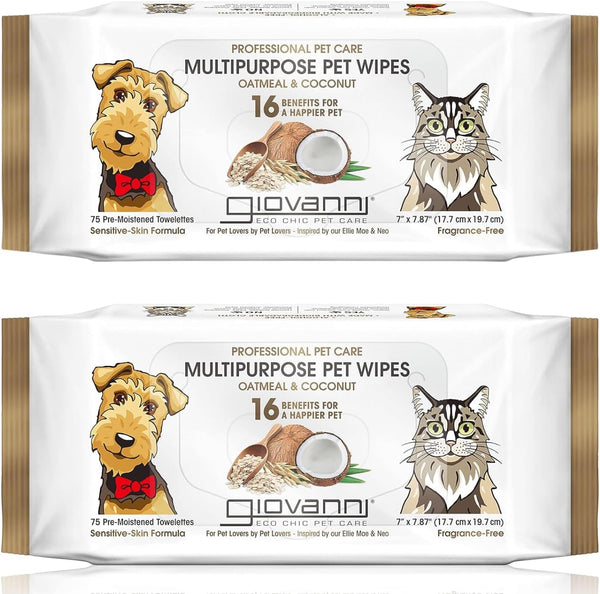 GIOVANNI Multipurpose Pet Wipes, Pack of 75 - Oatmeal & Coconut Helps Neutralize Odors (Pack of 2)