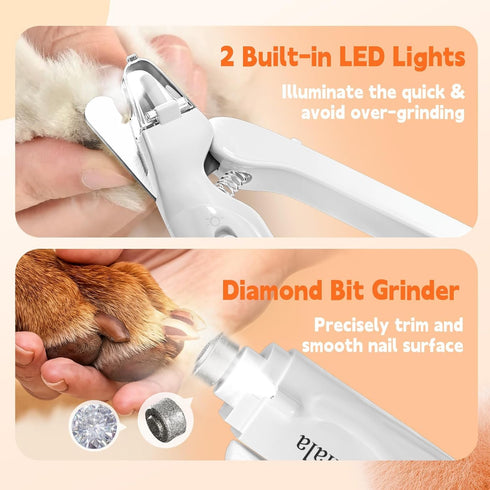2-in-1 2 Dog Nail Clippers & Dog Nail Grinder with LED Lights, Ultra-Quiet, USB Rechargeable,Security Upgrade,Multiple