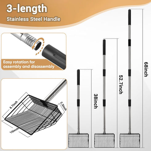 10inch 24 68" 4 1 Large Metal Chicken Poop Scooper, to Long Chicken Coop Litter Scoop with Stainless Steel Handle