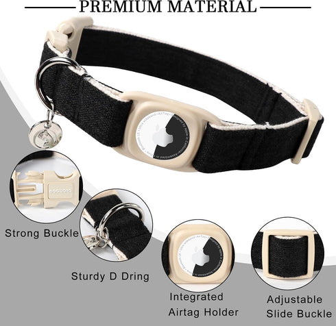 DOGWONG Airtag Cotton Hemp Dog Collar, Heavy-Duty Black Collar with Airtag Holder for Small Medium Large Dogs