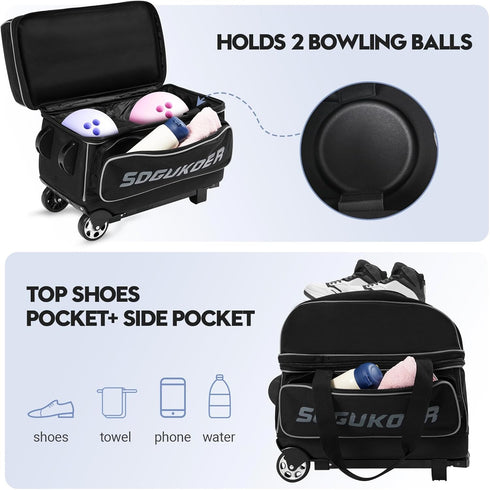 SOGUKOER 2 39.5" Bowling ball Bag with Wheels, Lightweight Trolley Double Ball Bowling bag with Large Separate Shoe