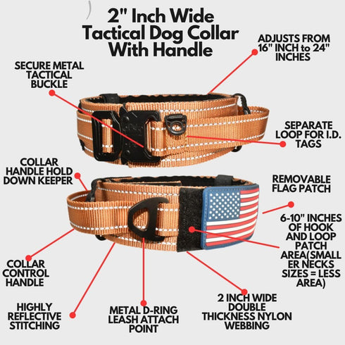 2-Inch Wide Tactical Dog Collar, Adjustable Military Style with Control Handle, Heavy-Duty Metal Buckle, USA Flag Patch
