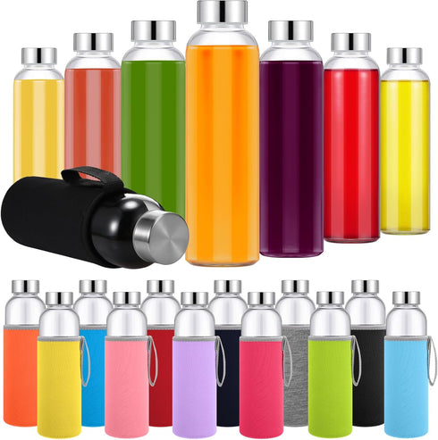 Vesici 12 Set 18 oz Clear Glass Water Bottles, Reusable Juicing Bottles with Protection Sleeve and Leak Proof Lids