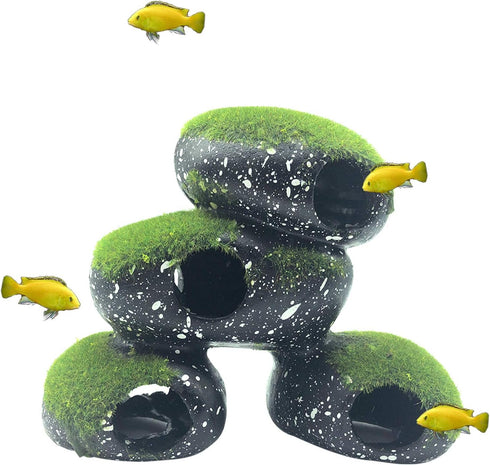PINVNBY Stone Aquarium Hideaway Decoration, Cichlids Rock Decor with Moss, Betta Cave Tunnel Ornament (L)