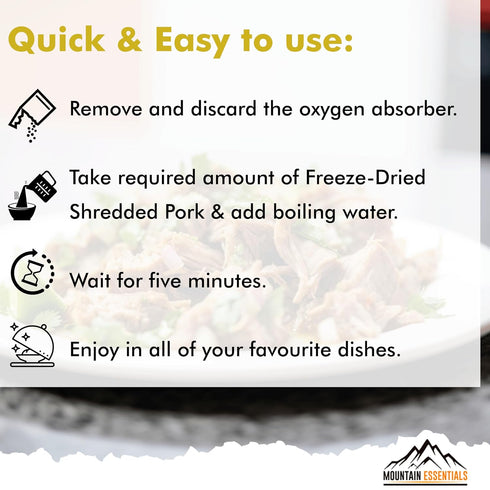10 7-Year Pack 1 MOUNTAIN ESSENTIALS Freeze-Dried Shredded Pork Fully Cooked, Ready-to-Eat Meat | Servings per Pouch |