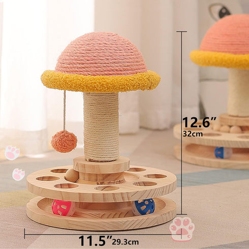 2 Cat Scratching Post with Hanging Ball,Cat Turntable Ball Toy,Cat Mushroom Sisal Scratcher,Kitten Layer Wooden Track
