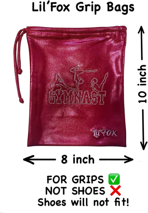 LIL'FOX 8"x10" Drawstring Gymnastics SMALL GRIP BAG, Lightweight Bag for Personal Equipment with Shiny Foil Rhinestones