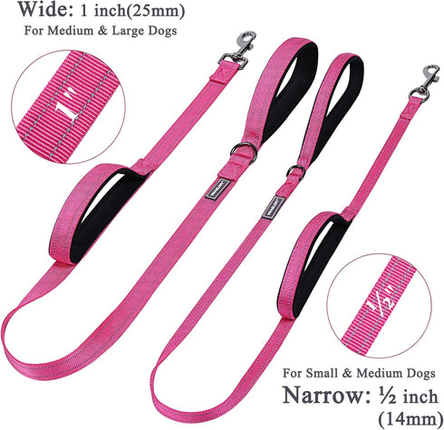 VIVAGLORY Traffic Handle Dog Leash, Two Padded Soft Handles, Strong Reflective & Metal Hook Training Lead