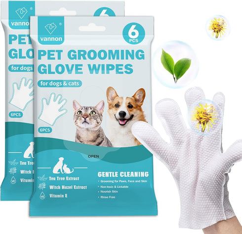 Pet Bathing Wipes for Dogs & Cats, Cleaning & Deodorizing Grooming Gloves for Daily Care and Traveling (2 Pack, 12 PCS)