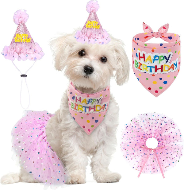 SCENEREAL Dog Birthday Bandana with Hat and Dress Girl Set, Cute Pink Tutu Skirt Outfit for Small Medium Large Dogs