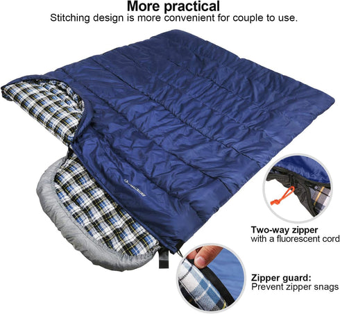 REDCAMP Flannel Sleeping Bag for Adults, Comfortable Cotton with Detachable Hood, Red/Grey/Blue for Camping