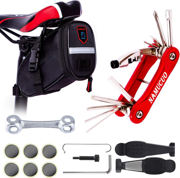 YBEKI NAMUCUO Bike Repair Tool Kits, Bicycle Tool Set with Saddle Bag and Multi-tool Chain Tool