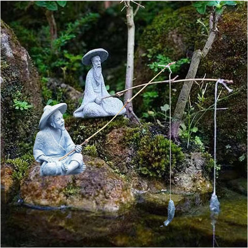 2Pcs Asian Japanese Sandstone Sitting Fishing Figurines, Mini Fisherman Statue Vintage Ornament for Fish Tank Garden