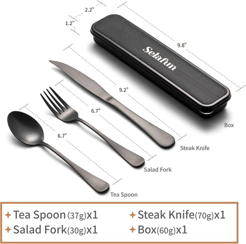 Travel Cutlery Set with Case Portable Silverware Utensils Set,4-pieces Stainless Steel Reusable Flatware Set Cutlery Set for Camping Picnic Hiking Office, Dishwasher Safe (6.7inch, Matte Black) by Selafun