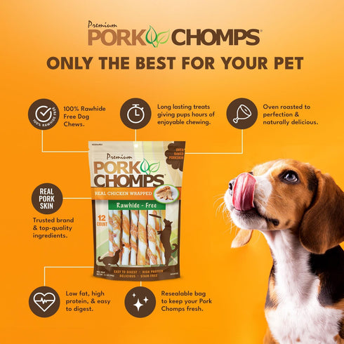 5 Inch 12 Count Pork Chomps Baked Pork Skin Dog Chews, Mini Twists, - Real Chicken Wrap - Long-Lasting Treats for Dogs