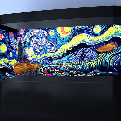 48X24IN Blacklight Vincent Van Gogh Black Light Aquarium Background, UV Fish Tank Background Art Star Oil Painting Terrarium Background with 10 EVA Double-Sided Tape