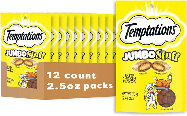 Temptations Jumbo Stuffed Cat Treats, Crunchy and Soft Cat Treats, Tasty Chicken