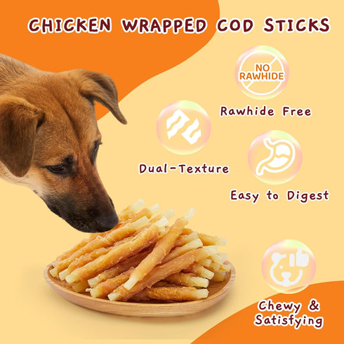 1.32lb 35-Count 4.5-Inch Jungle Calling Rawhide Free Dog Treats, Chicken Wrapped Cod Sticks for Dogs, Easily Digestible