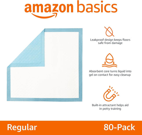 5-Layer 24x23", 80 Count Amazon Basics Heavy Duty Dog and Puppy Pee Pads, Leak-Proof Ultra Absorbent, Quick-Dry Surface