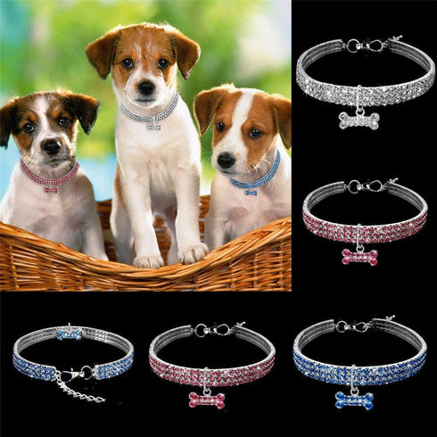 Dogs Kingdom Amazing 3 Rows Rhinestones Necklace, Pet Cat Dog Collar Bling Jewelry, Dark Blue, M