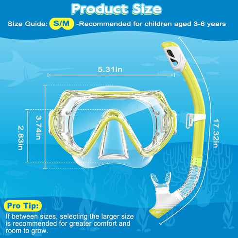 ZipAura 2 Sets 3-14, 180 Set, Swimming Kids Snorkeling Gear for Ages Anti-Fog Clear View Dry Top Snorkel Mask with Nose