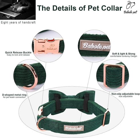Green Dog Collars for Small Dog,Cute Corduroy Dog Collar with Bow Tie Safety Metal Buckle Adjustable Puppy Collars for Small Medium Large Boy&Girl Dogs,S-Neck 10"-16"