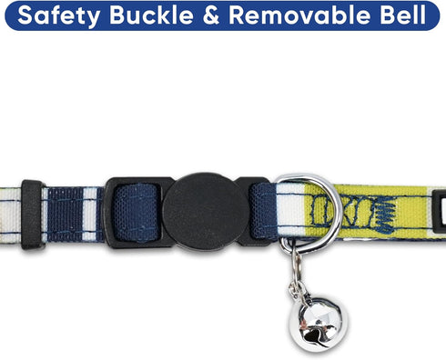 Pawtitas Pet Soft Adjustable Multicolor Cat Collar with Safety Buckle and Removable Bell, Green/White/Blue