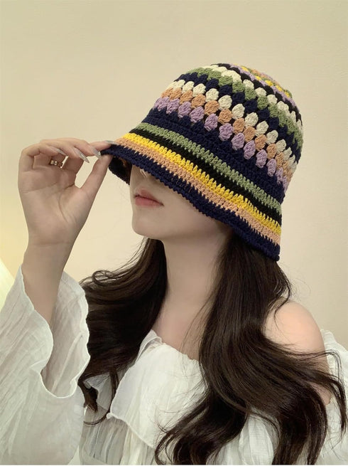 Women Crochet Bucket Hats Handmade Cloche Hats Knitted Beanies Floppy Fishing Hat Floral Cap Striped Trendy Outdoor