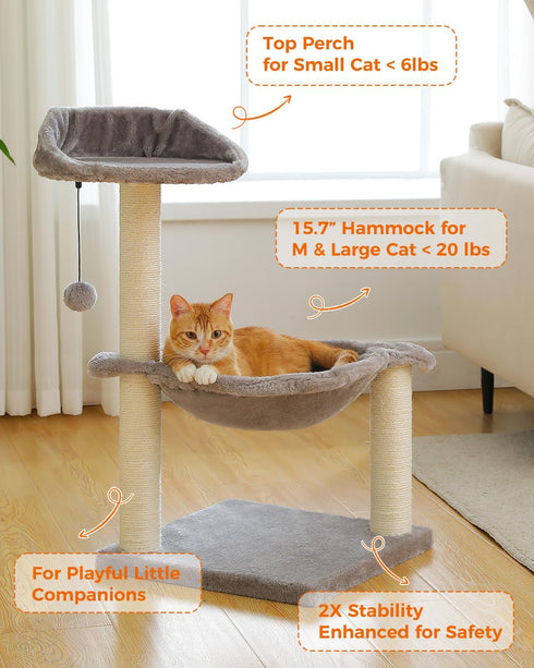 Cat Tree 28" Cat Scratching Post with 15.7" Large Hammock Bed for Indoor Small Cats, Grey Cat Toy