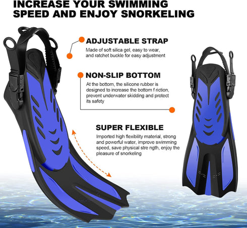Set, Packages Odoland Snorkel Adults Snorkeling with Dry Top Diving Mask, Adjustable Swim Fins, Mesh Bag, Anti-Fog